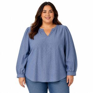 Talbots Blouse Womens Petite XLP Blue Chambray Polka Dot V Neck Long Sleeve Top